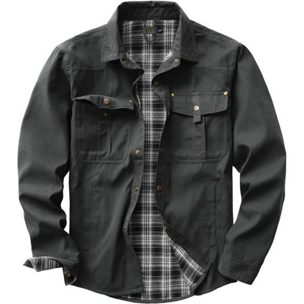 Men's Flannel Lined Shacket Jacket Plaid Brushed Lining Cowboy Western Twill